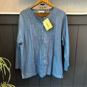 NEW Jenny‎ Denim Blue Button-Front Top Beaded Embroidered Plus Size 1X